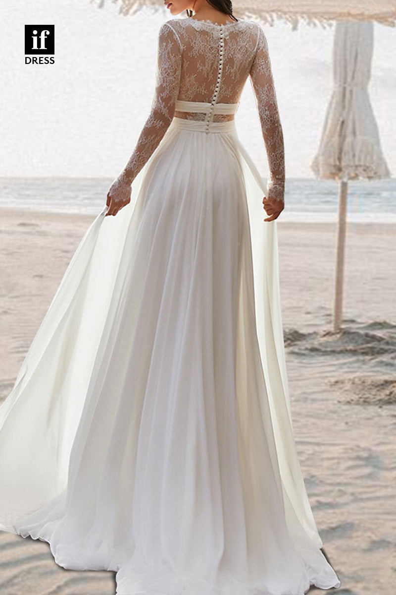 71107 - Romantic V-Neck A-Line Lace Long Sleeves Beach Wedding Dress