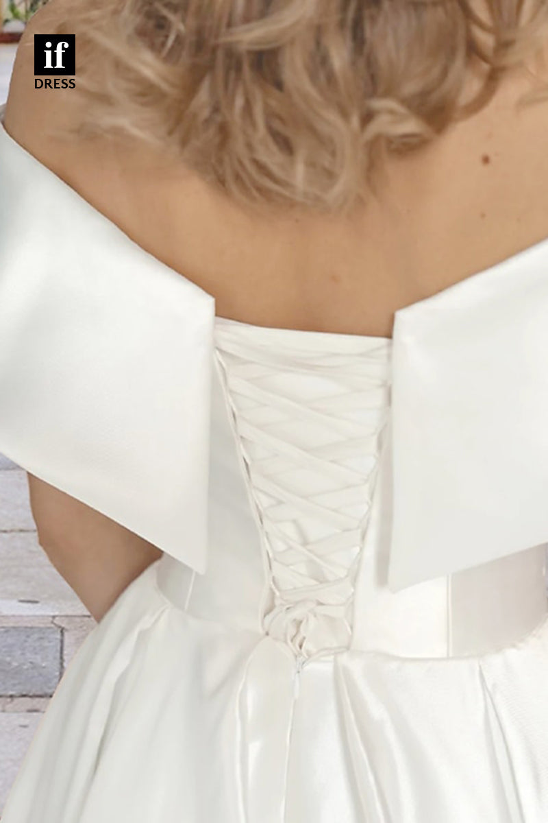 71109 - Elegant Strapless Cap Sleeves A-Line Satin Beach Wedding Dress with Pockets