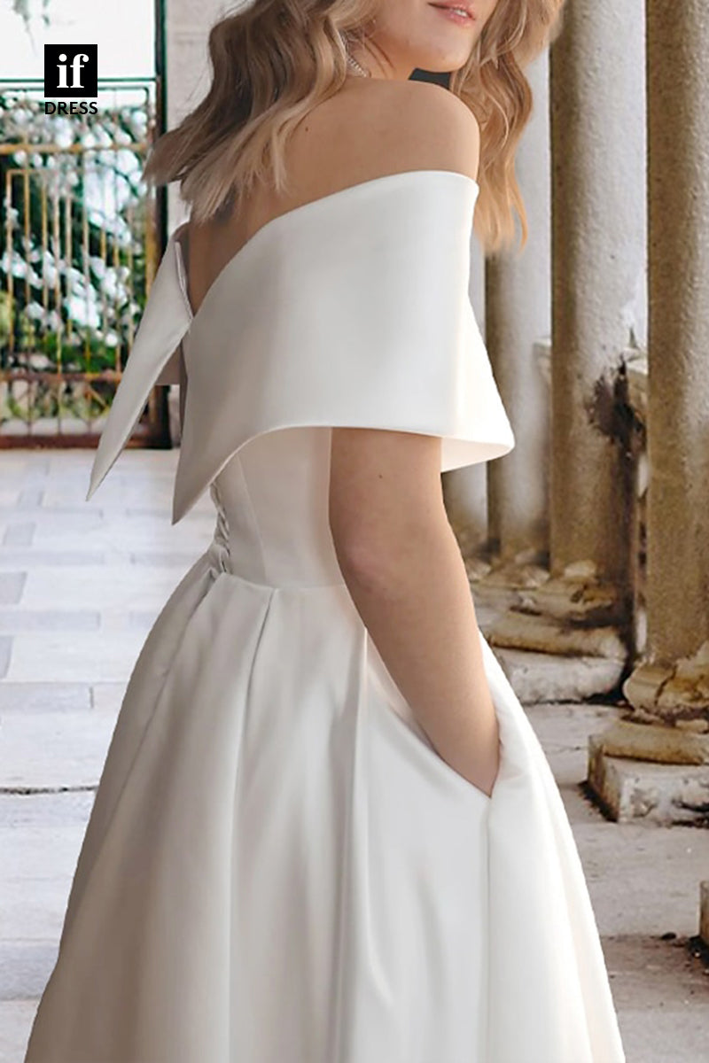 71109 - Elegant Strapless Cap Sleeves A-Line Satin Beach Wedding Dress with Pockets