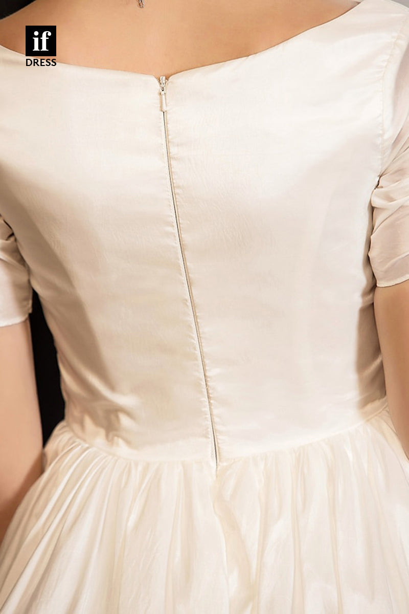 71110 - Classical A-Line V-Neck Short Sleeve Pleats Bohemain Wedding Gown