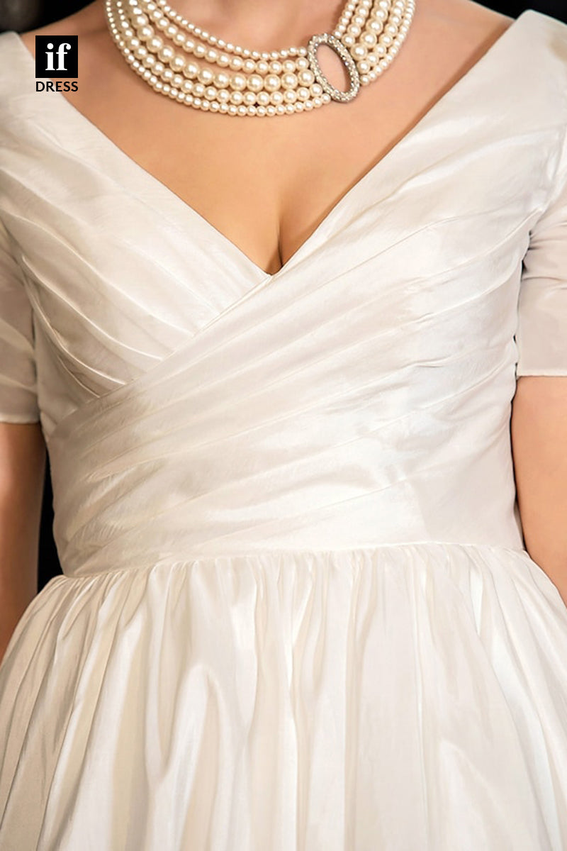 71110 - Classical A-Line V-Neck Short Sleeve Pleats Bohemain Wedding Gown