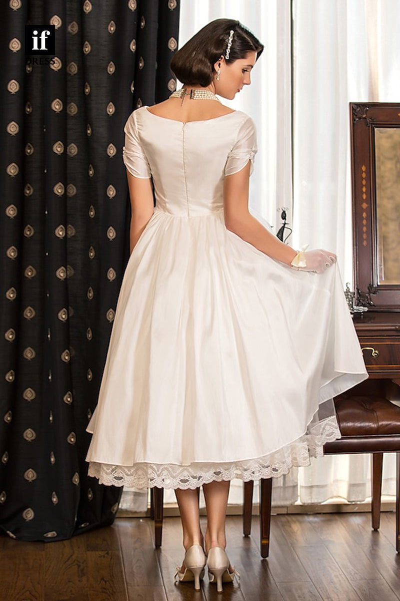 71110 - Classical A-Line V-Neck Short Sleeve Pleats Bohemain Wedding Gown