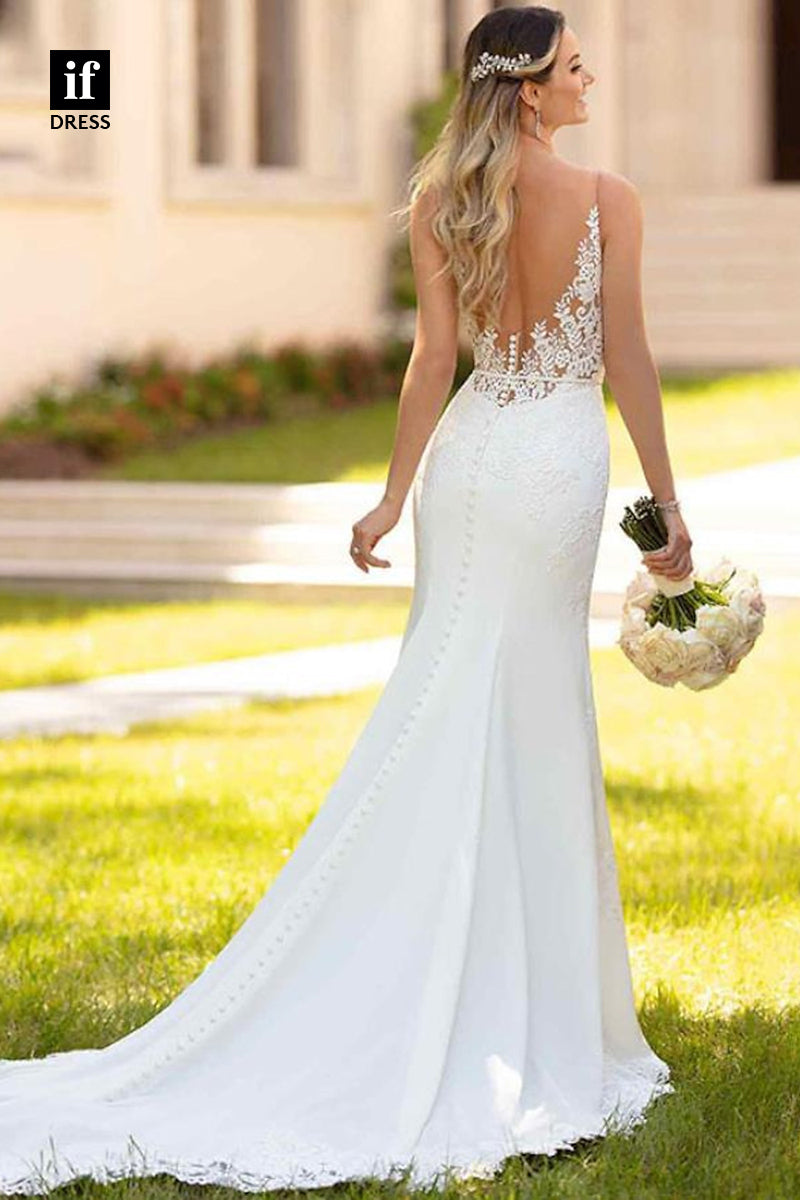 71111 - Classic Straps V-Neck Lace Appliques Boho Wedding Dress with Train
