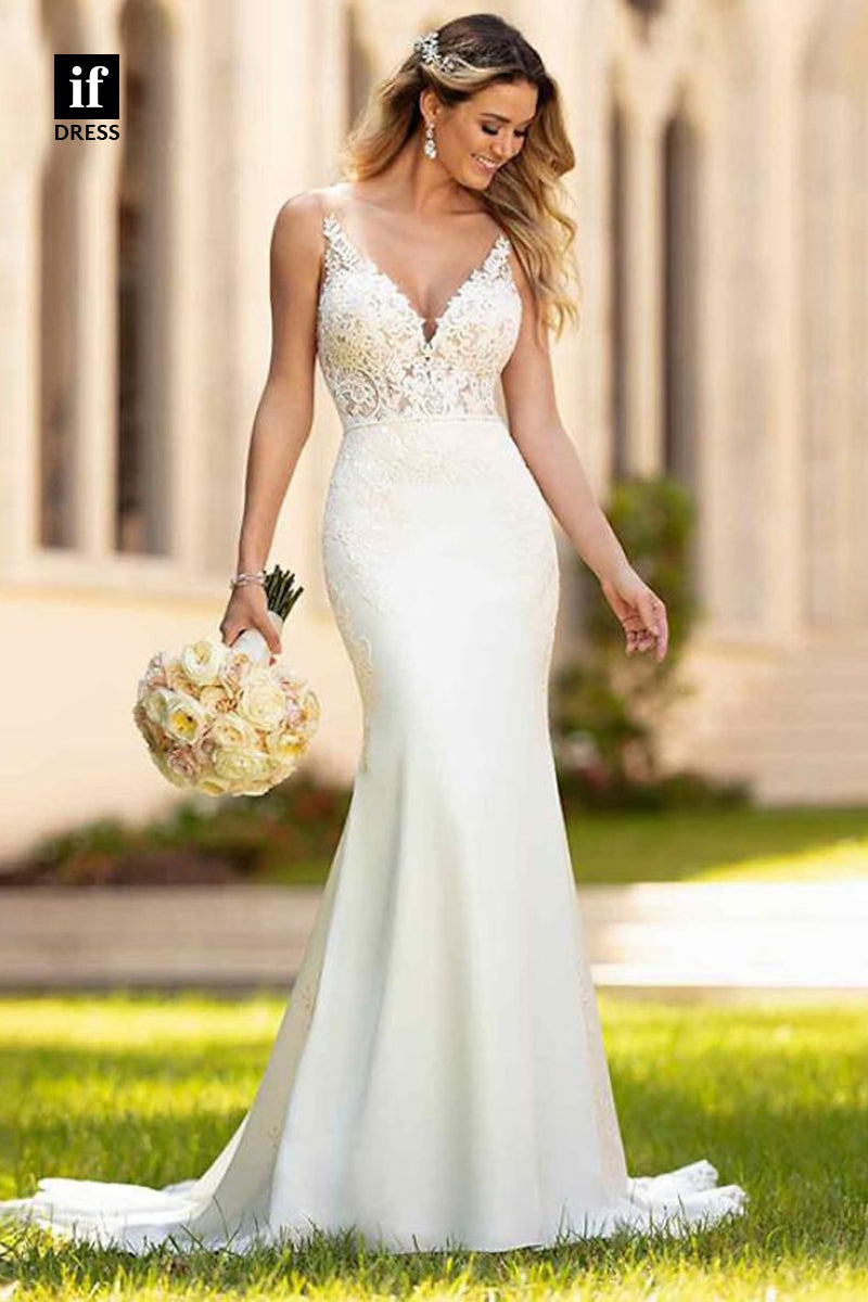 71111 - Classic Straps V-Neck Lace Appliques Boho Wedding Dress with Train