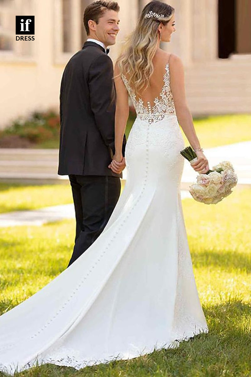 71111 - Classic Straps V-Neck Lace Appliques Boho Wedding Dress with Train