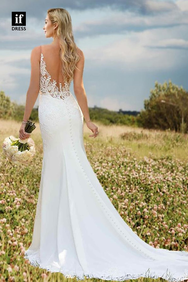 71111 - Classic Straps V-Neck Lace Appliques Boho Wedding Dress with Train