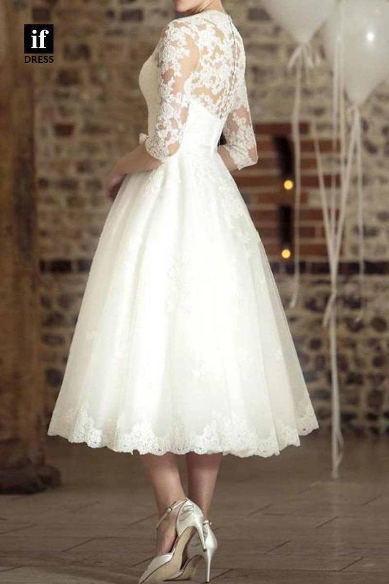 71113 - Elegant A-Line V-Neck Long Sleeves Appliques Boho Wedding Dress