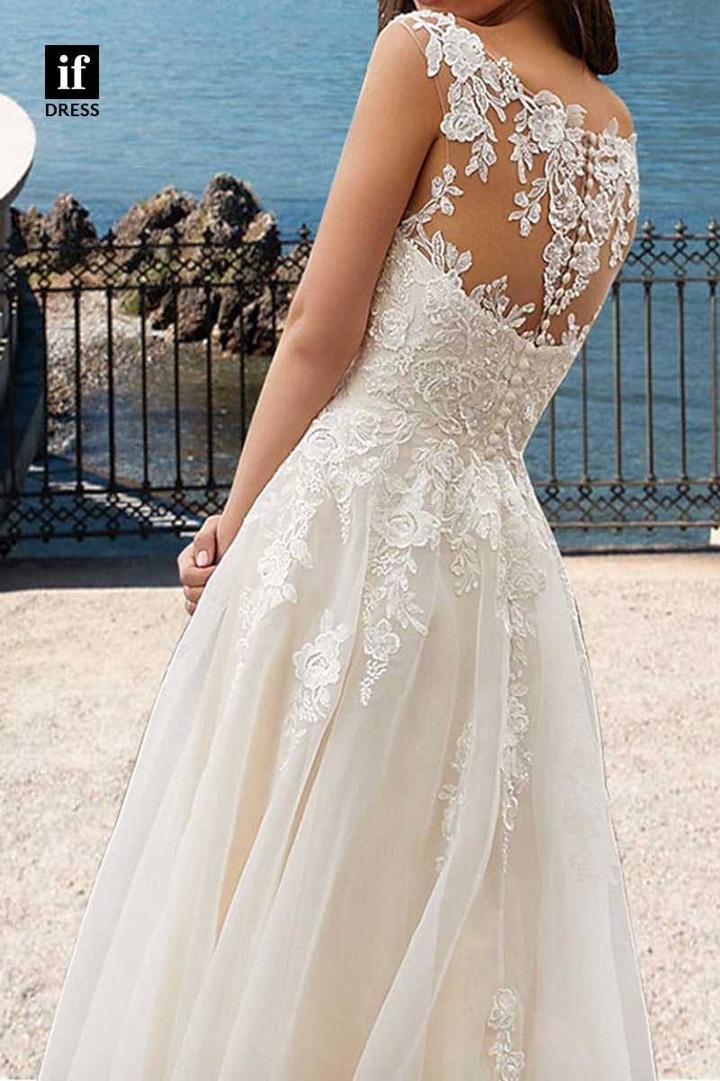 71114 - Romantic A-Line Straps Lace Appliques Beach Weddidng Dress