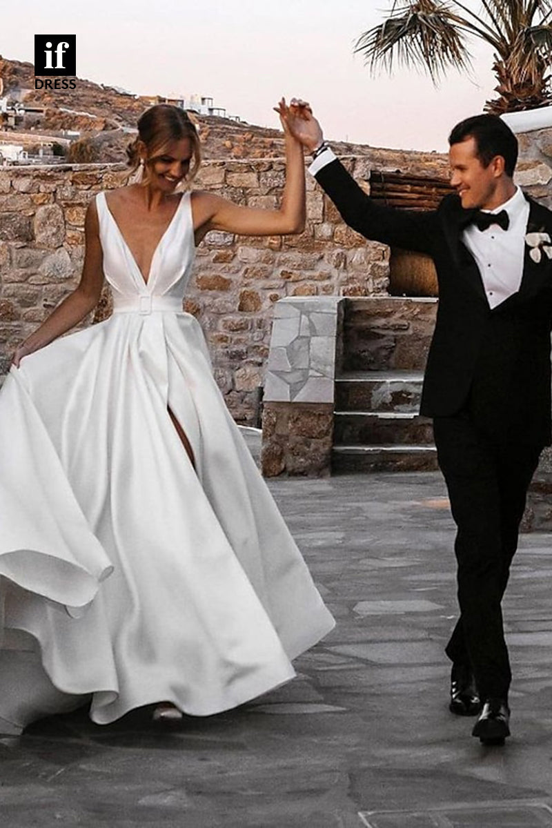 71115 - Classic A-Line Low V-Neck Sleeveless Satin Beach Wedding Dress with Slit