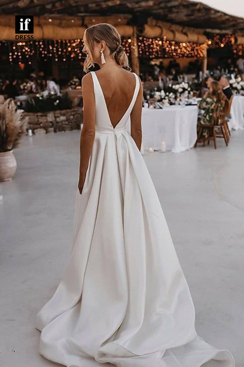 71115 - Classic A-Line Low V-Neck Sleeveless Satin Beach Wedding Dress with Slit