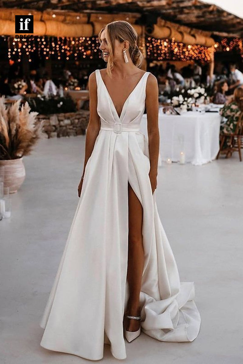 71115 - Classic A-Line Low V-Neck Sleeveless Satin Beach Wedding Dress with Slit