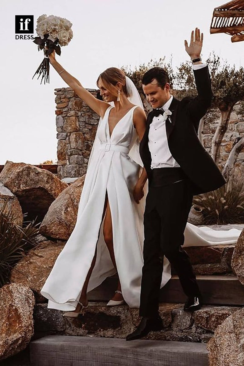 71115 - Classic A-Line Low V-Neck Sleeveless Satin Beach Wedding Dress with Slit