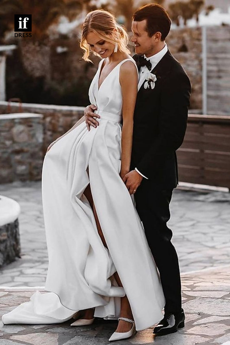 71115 - Classic A-Line Low V-Neck Sleeveless Satin Beach Wedding Dress with Slit