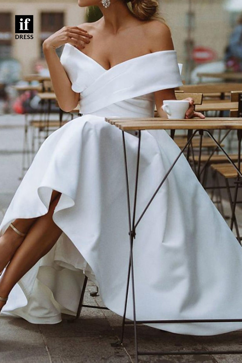 71117 - Classy Strapless A-Line Pleated Cap Sleeves Satin Boho Wedding Gown