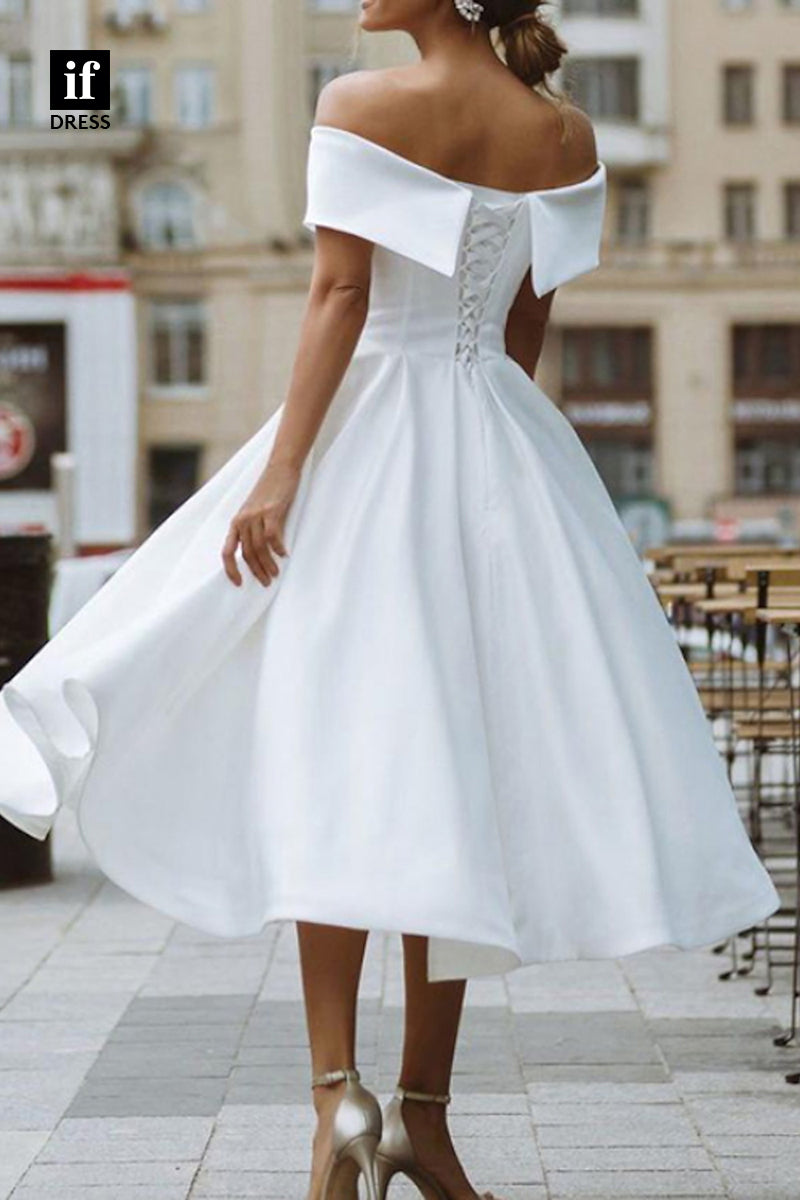 71117 - Classy Strapless A-Line Pleated Cap Sleeves Satin Boho Wedding Gown