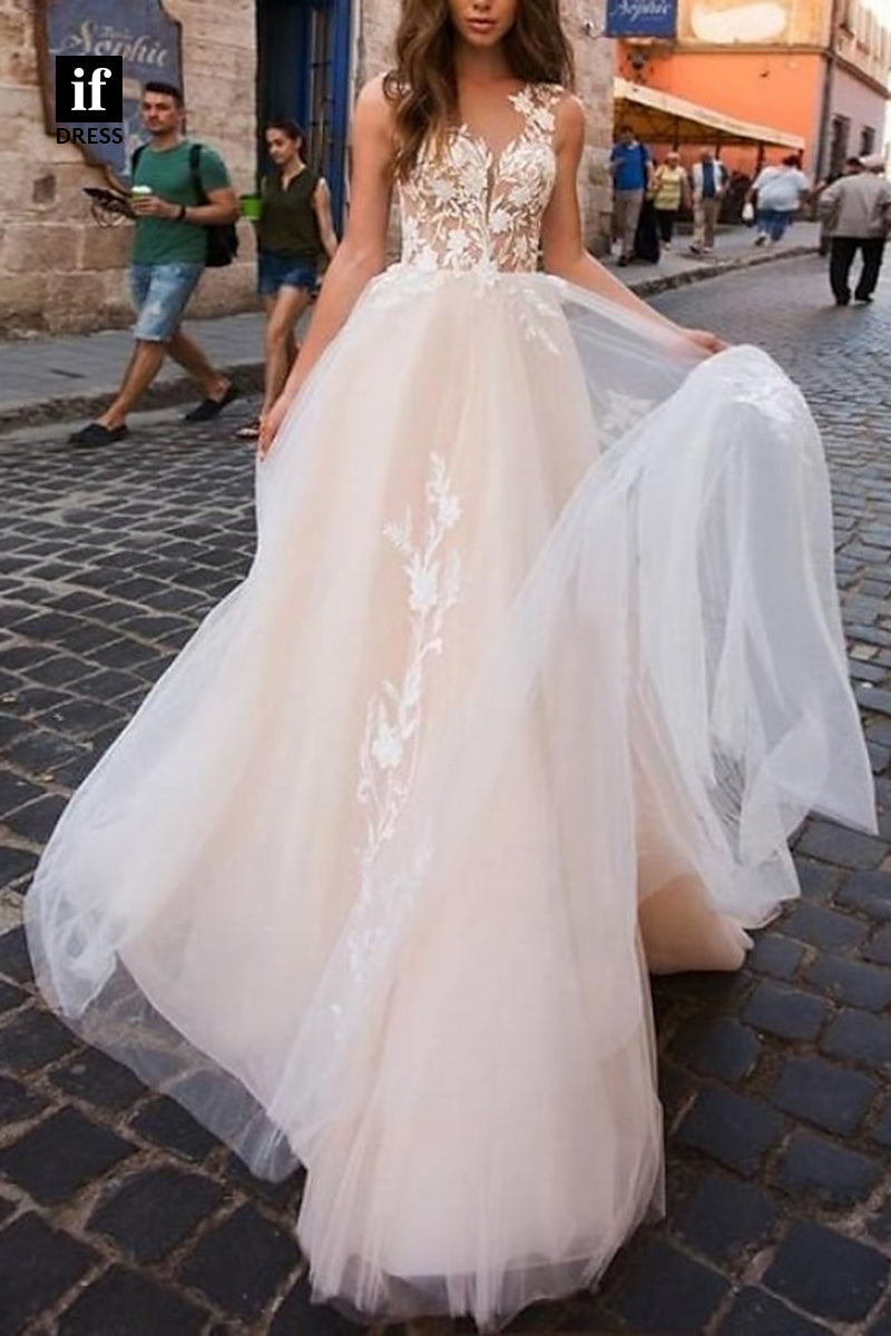 71118 - Adorable A-Line Straps V-Neck Appliques Tulle Bohemian Wedding Dress