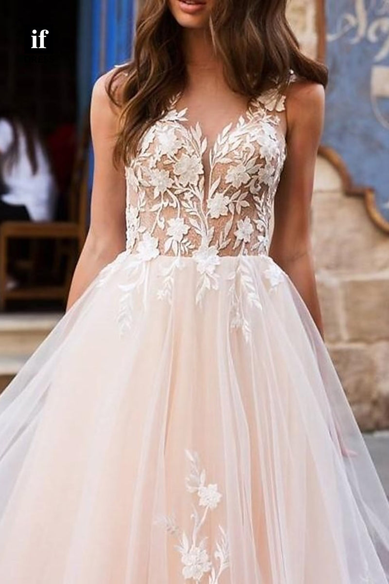 71118 - Adorable A-Line Straps V-Neck Appliques Tulle Bohemian Wedding Dress
