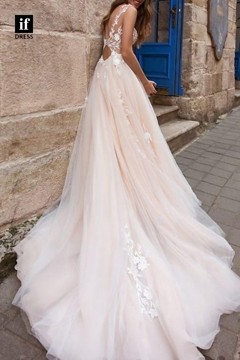 71118 - Adorable A-Line Straps V-Neck Appliques Tulle Bohemian Wedding Dress
