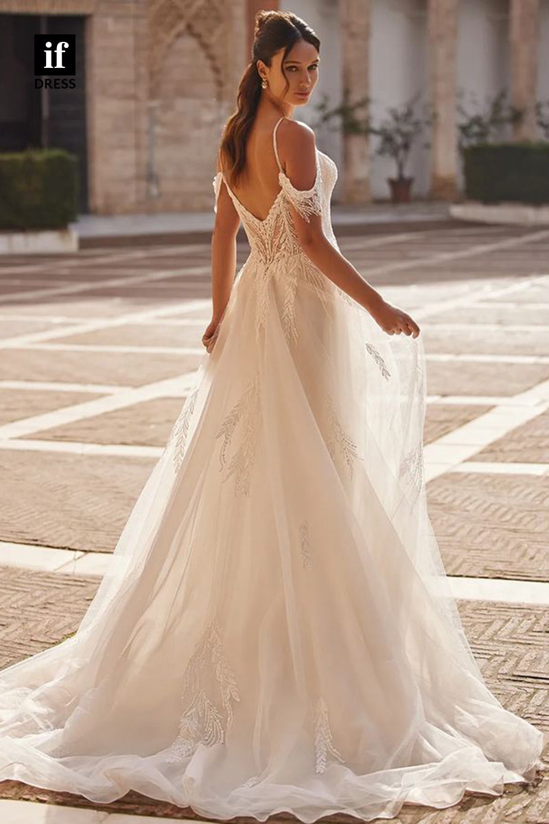 71119 - A-Line Spaghetti Straps V-Neck Appliques Boho Wedding Dress with Train
