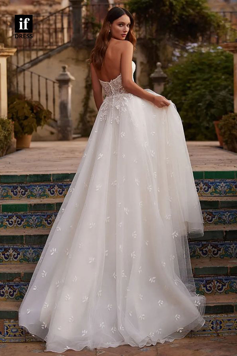 71120 - Charming Strapless Sweetheart Appliques Tulle Bohemian Wedding Dress with Train