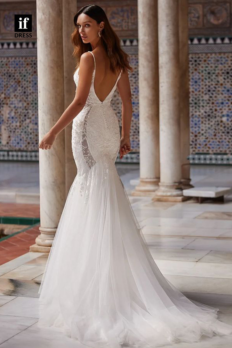 71122 - Classic Straps V-Neck Lace Appliques Mermaid Beach Wedding Dress with Train