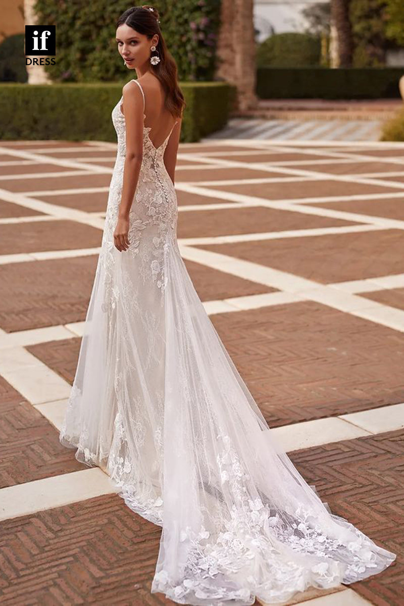 71123 - Classy Straps V-Neck Lace Appliques Bohemian Wedding Gown with Train