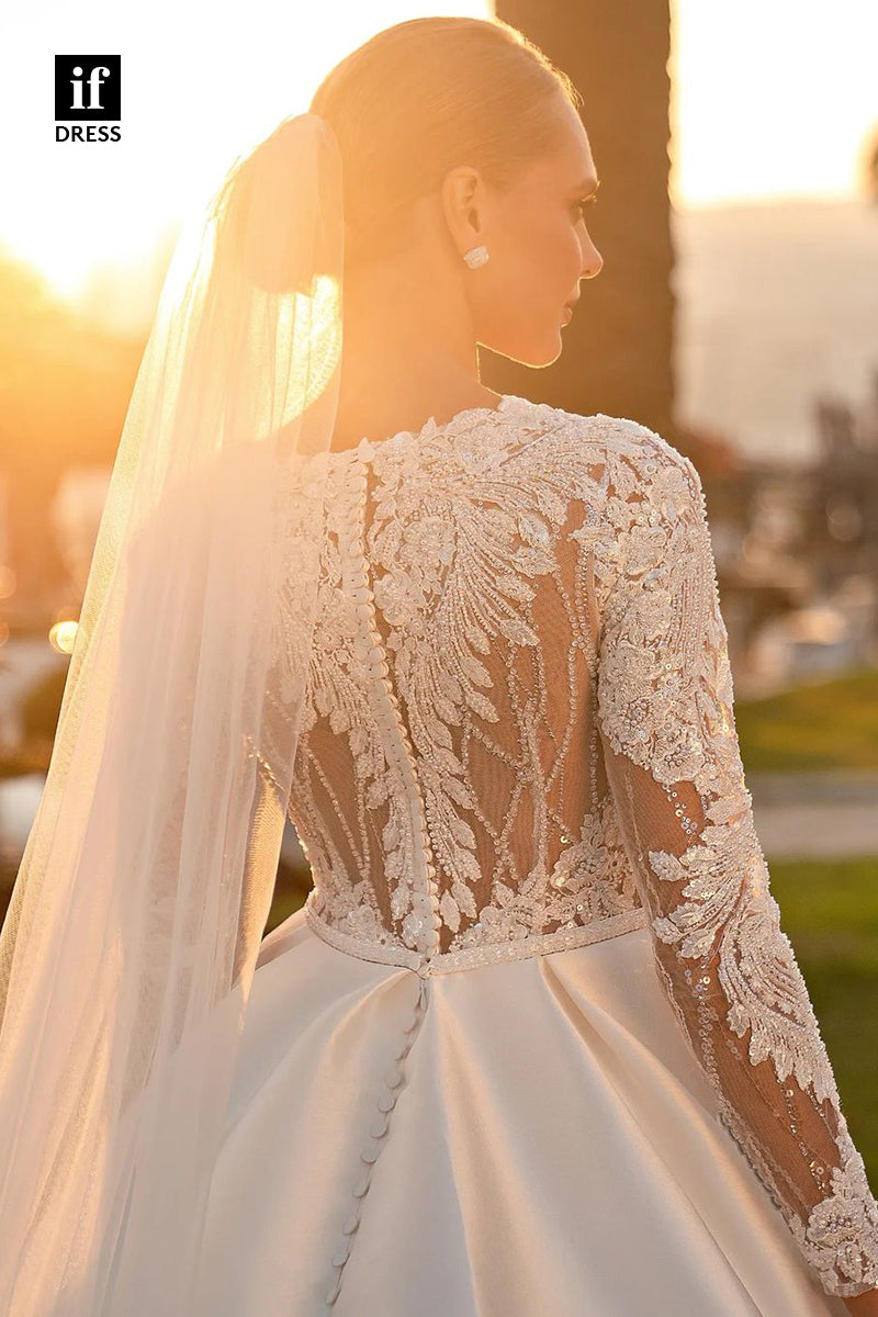 71124 - A-Line Scoop Long Sleeves Pleats Satin Beach Wedding Dress with Train