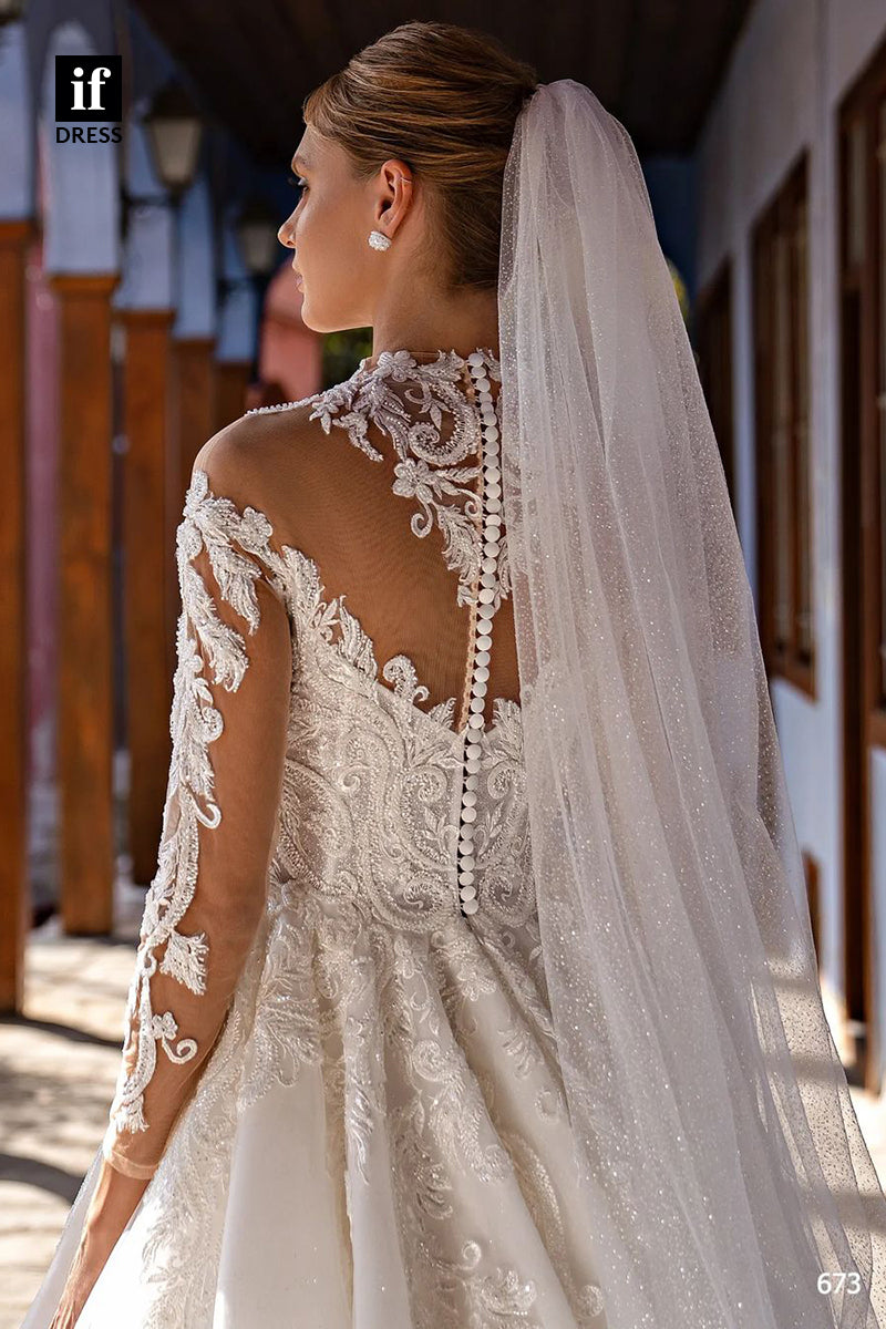 71125 - Elegant A-Line Illusion Neck Lace Appliques Boho Wedding Dress with Train