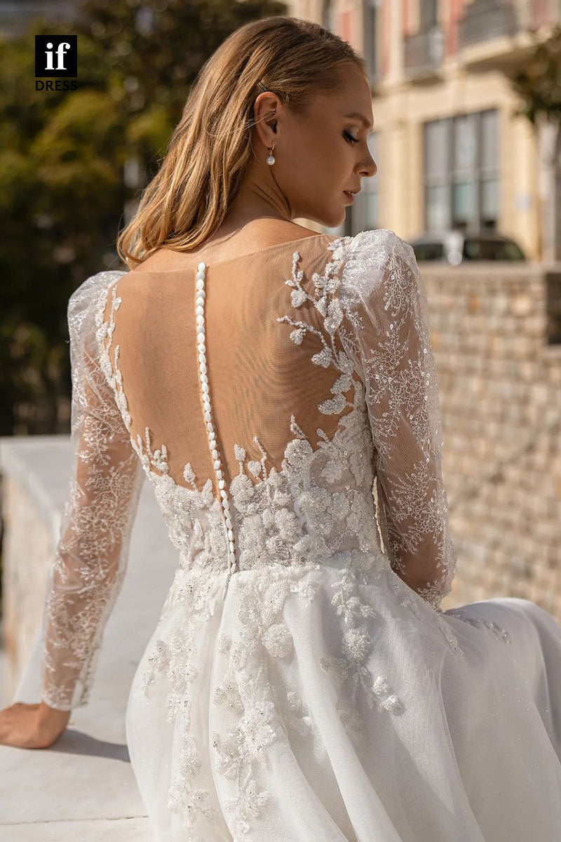71126 - Vintage Straps V-Neck Long Sleeves Appliques Tulle Beach Wedding Dress