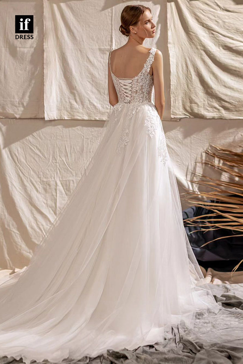 71129 - Chic Straps Scoop Lace Appliques Tulle Bohemian Wedding Dress with Slit