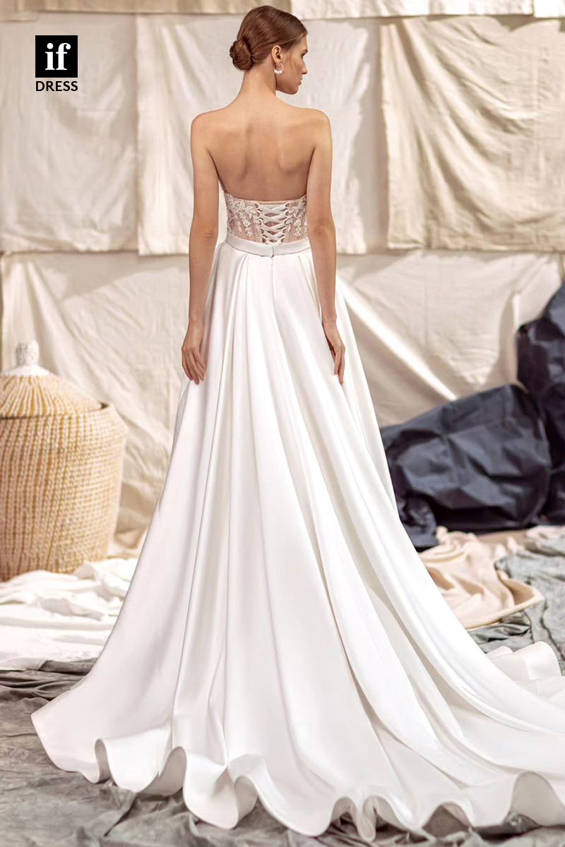 71130 - Off-Shoulder Sweetheeart A-Line Pleated Satin Beach Wedding Dress with Train
