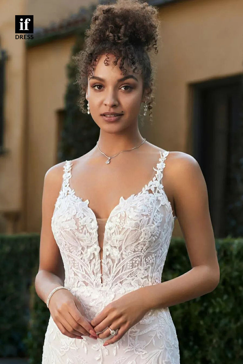 71131 - Vintage Straps V-Neck Lace Appliques Mermaid Wedding Gown with Train