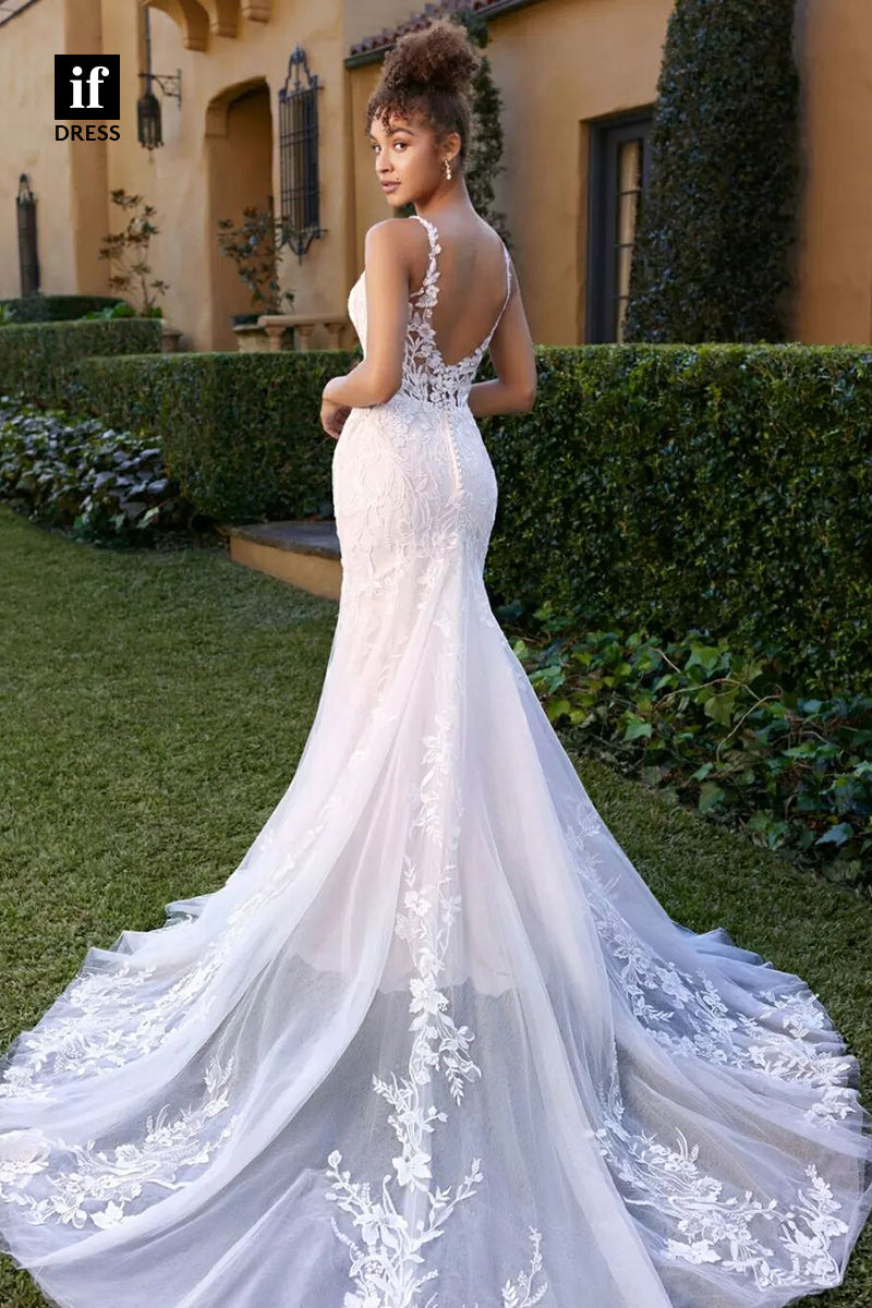 71131 - Vintage Straps V-Neck Lace Appliques Mermaid Wedding Gown with Train