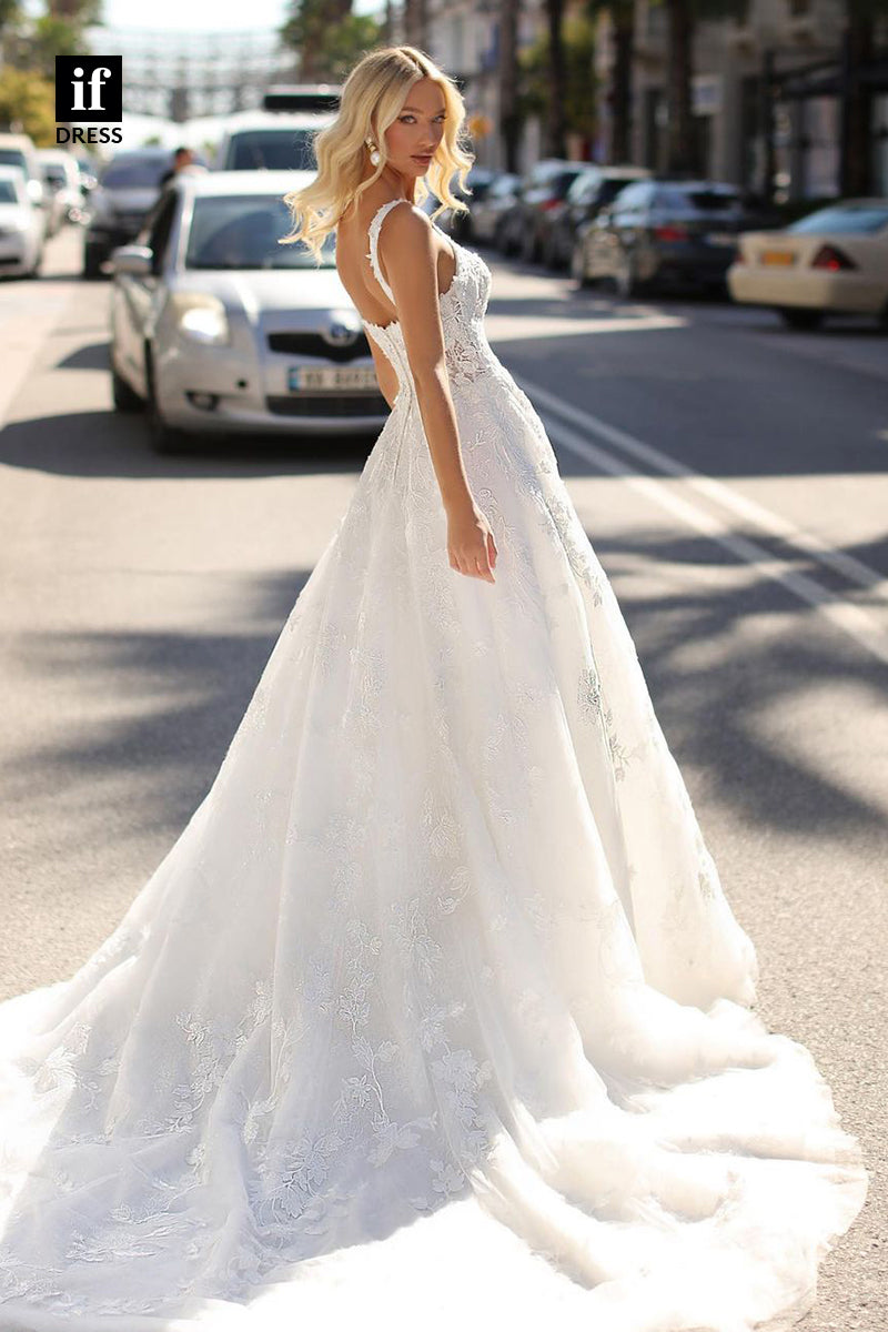 71134 - Classy A-Line Straps Lace Appliques Sleeveless Beach Wedding Dress with Train