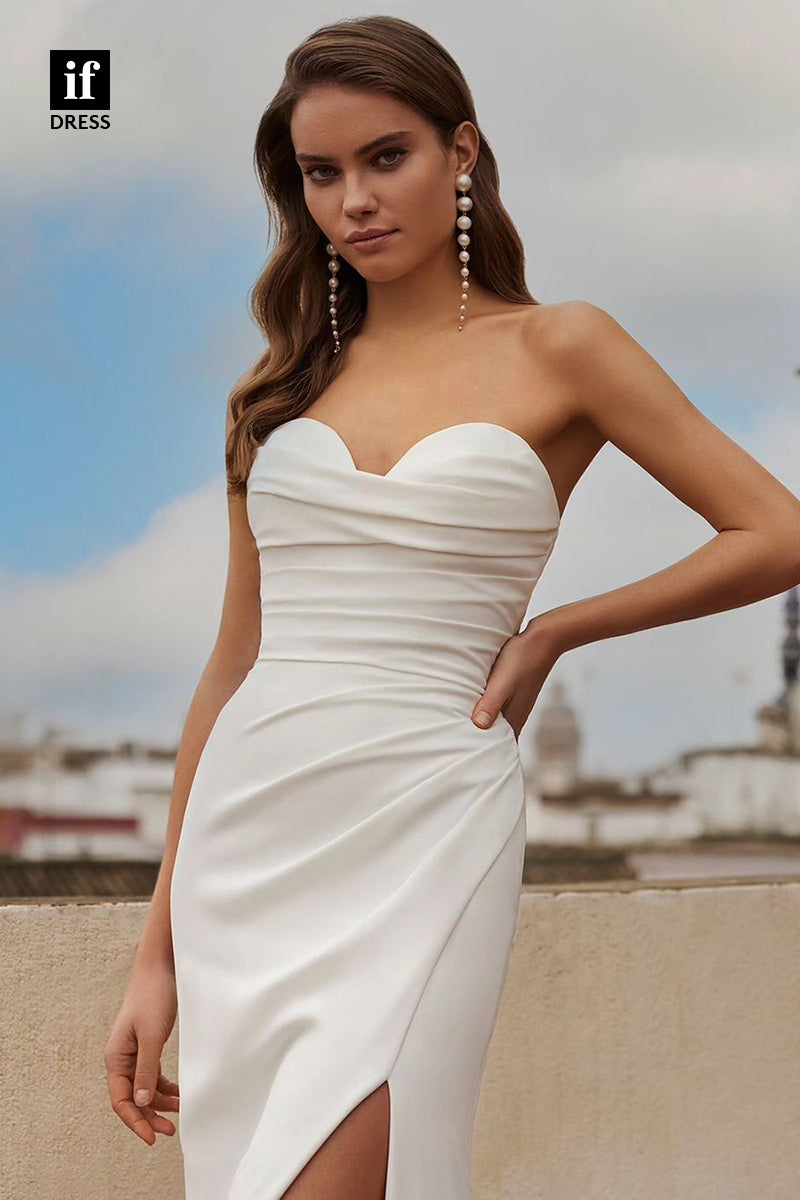 71139 - Simple Strapless Pelats Side Slit Satin Beach Wedding Dress