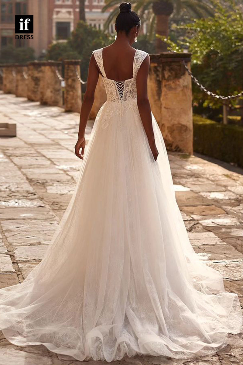 71140 - A-Line Straps Lace Appliques Side Slit Tulle Beach Wedding Dress