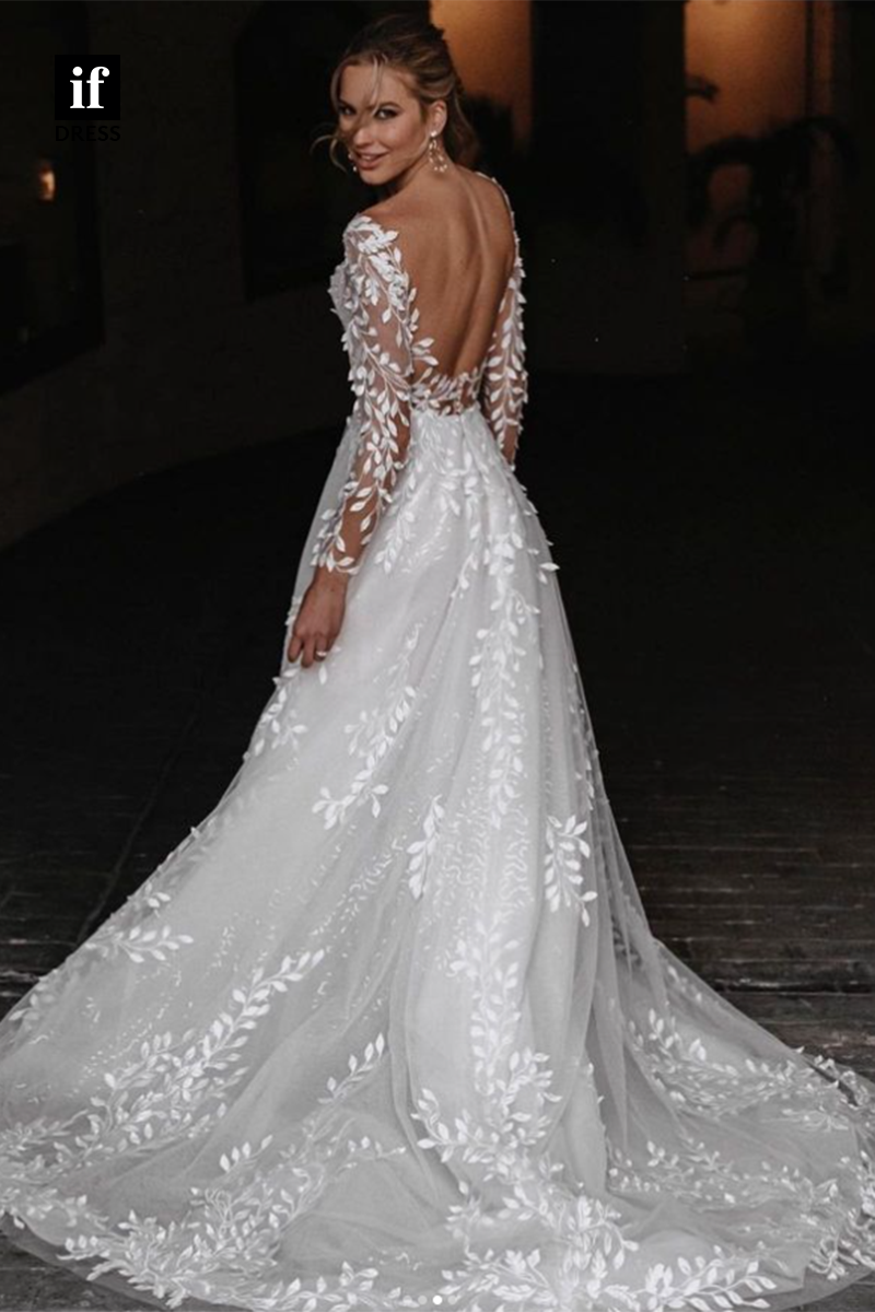 71141 - Romantic A-Line V-Neck Long Sleeves Apppliques Beach Wedding Dress
