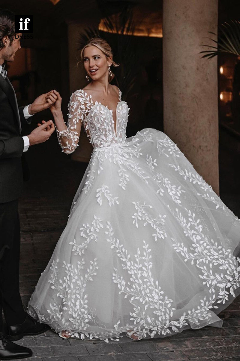 71141 - Romantic A-Line V-Neck Long Sleeves Apppliques Beach Wedding Dress