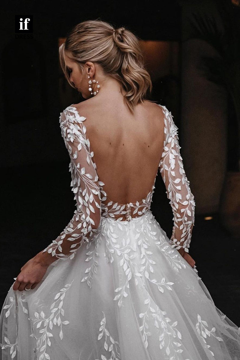 71141 - Romantic A-Line V-Neck Long Sleeves Apppliques Beach Wedding Dress