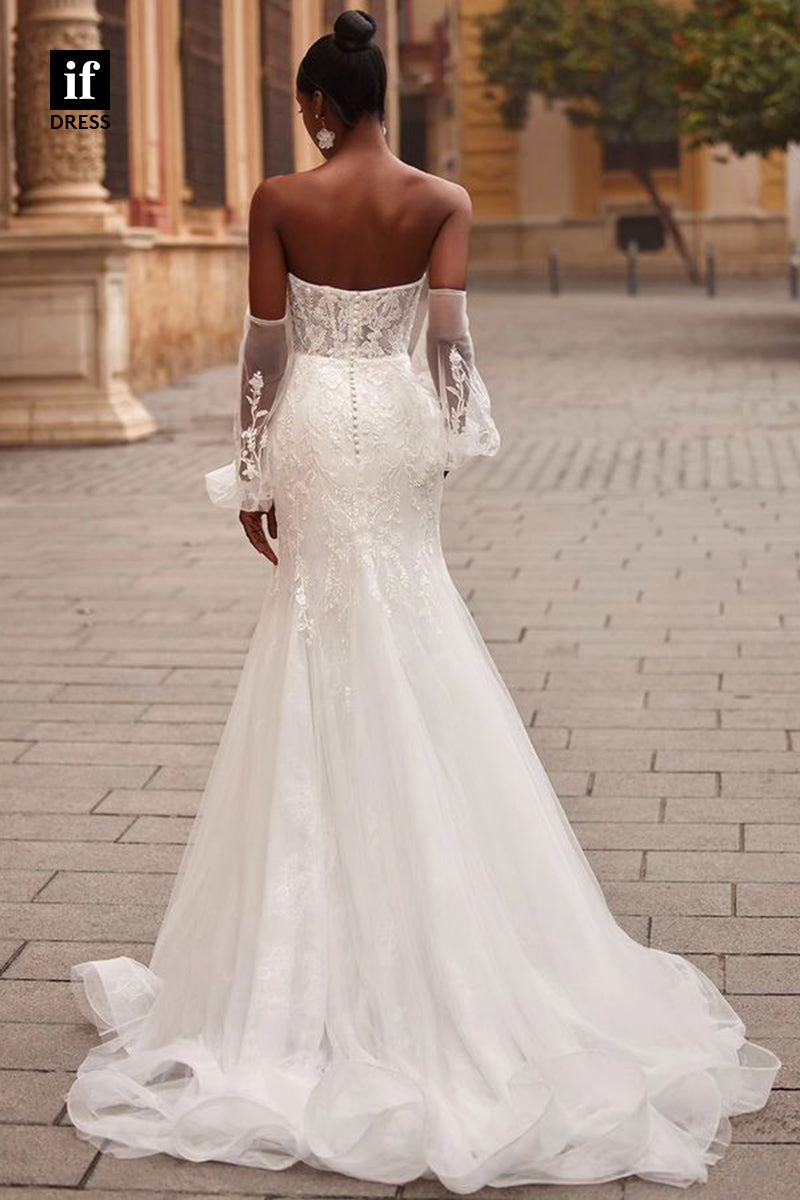 71142 - Chic Strapless Sweetheart Appliques Mermaid Boho Wedding Dress with Sleeves