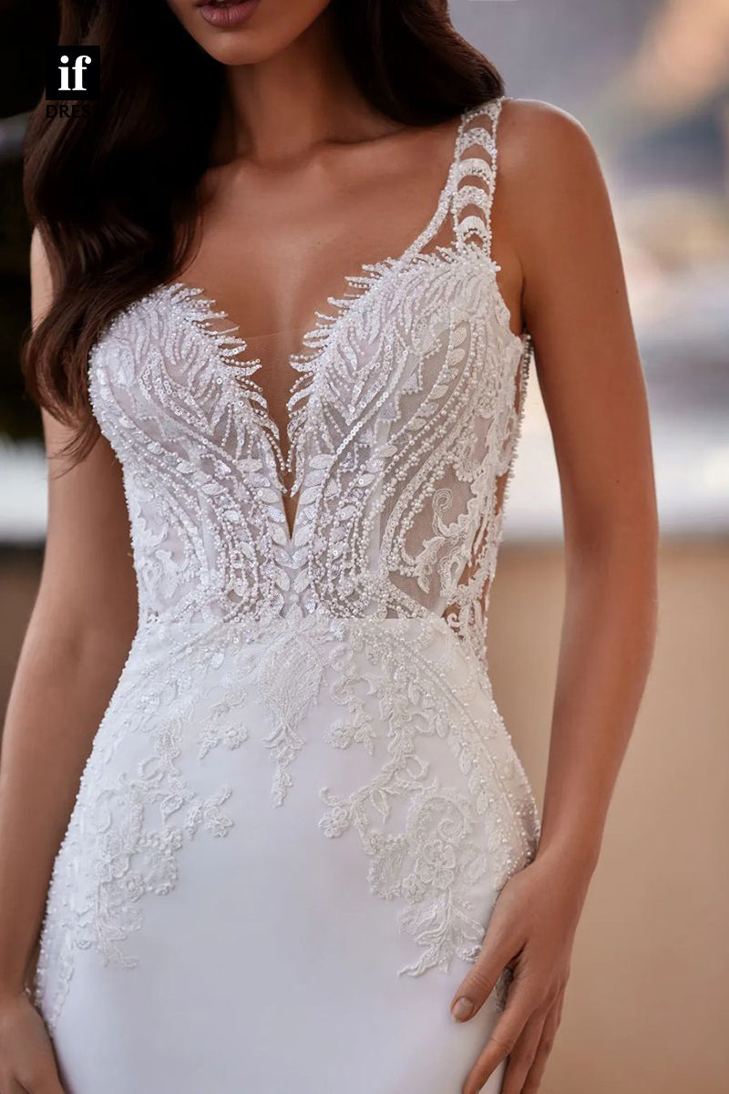 71144 - Mermaid/Trumpet V-Neck Appliques Beach Wedding Dress with Train