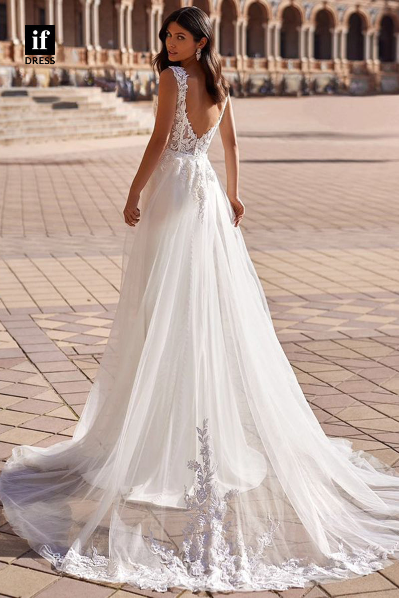 71147 - Chic Straps V-Neck Sleeveless Appliques Sheath Beach Wedding Dress