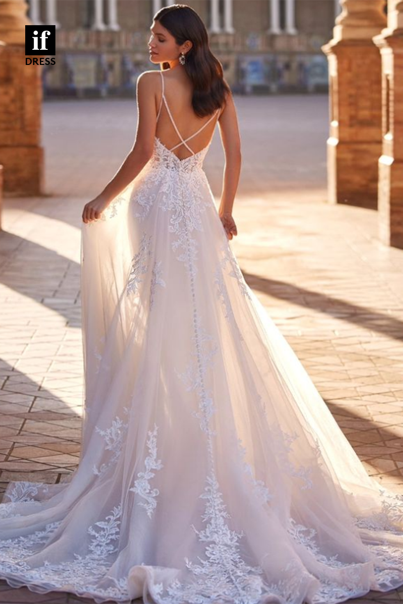 71149 - Vitange Straps V-Neck A-Line Lace Appliques Beach Wedding Dress