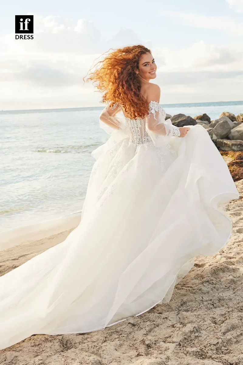 71150 - Romantic Off-Shoulder Appliques A-Line Beach Wedding Dress with Sleeves