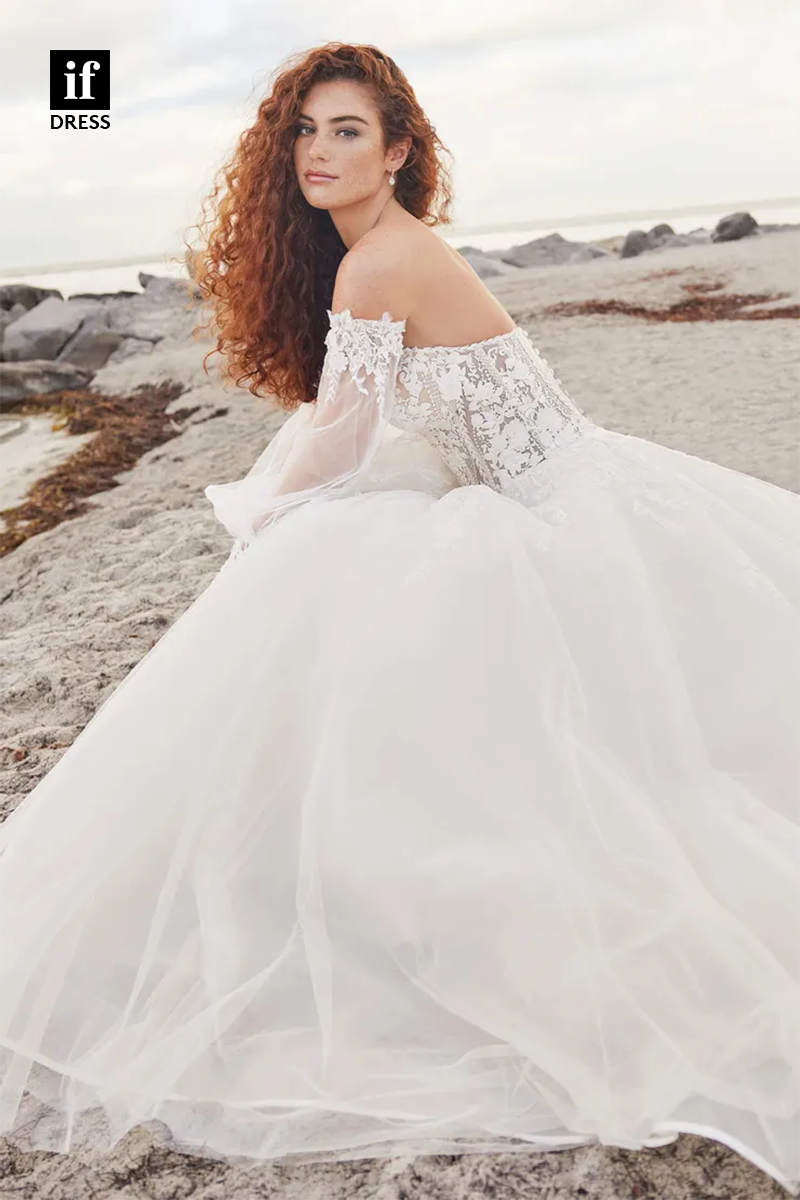 71150 - Romantic Off-Shoulder Appliques A-Line Beach Wedding Dress with Sleeves