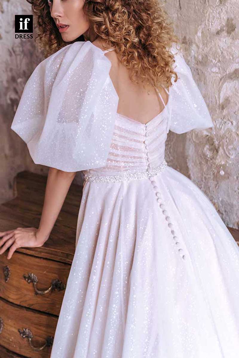 71152 - Glitter A-Line Short Belt Sleeves Side Slit Beach Wedding Dress