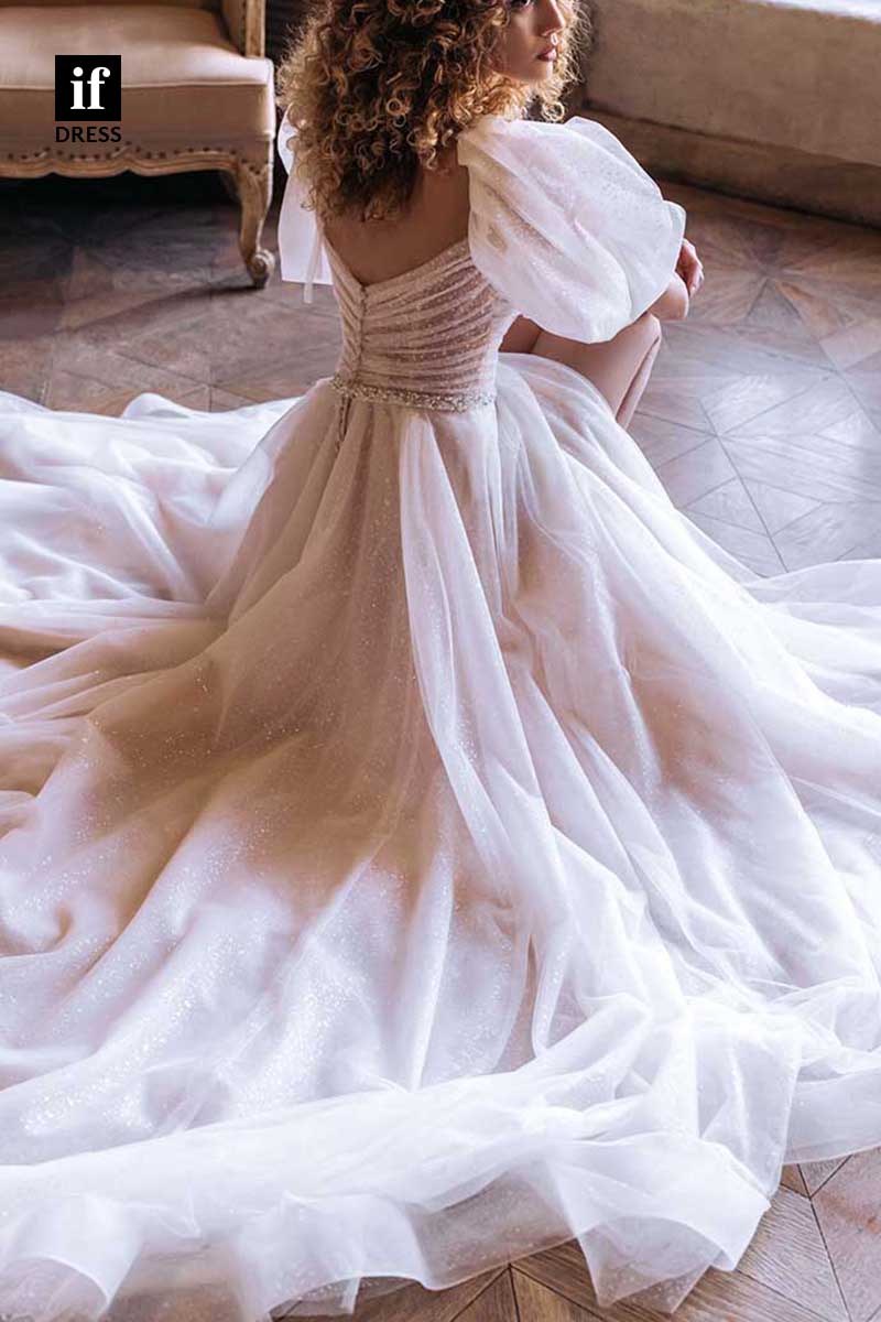 71152 - Glitter A-Line Short Belt Sleeves Side Slit Beach Wedding Dress
