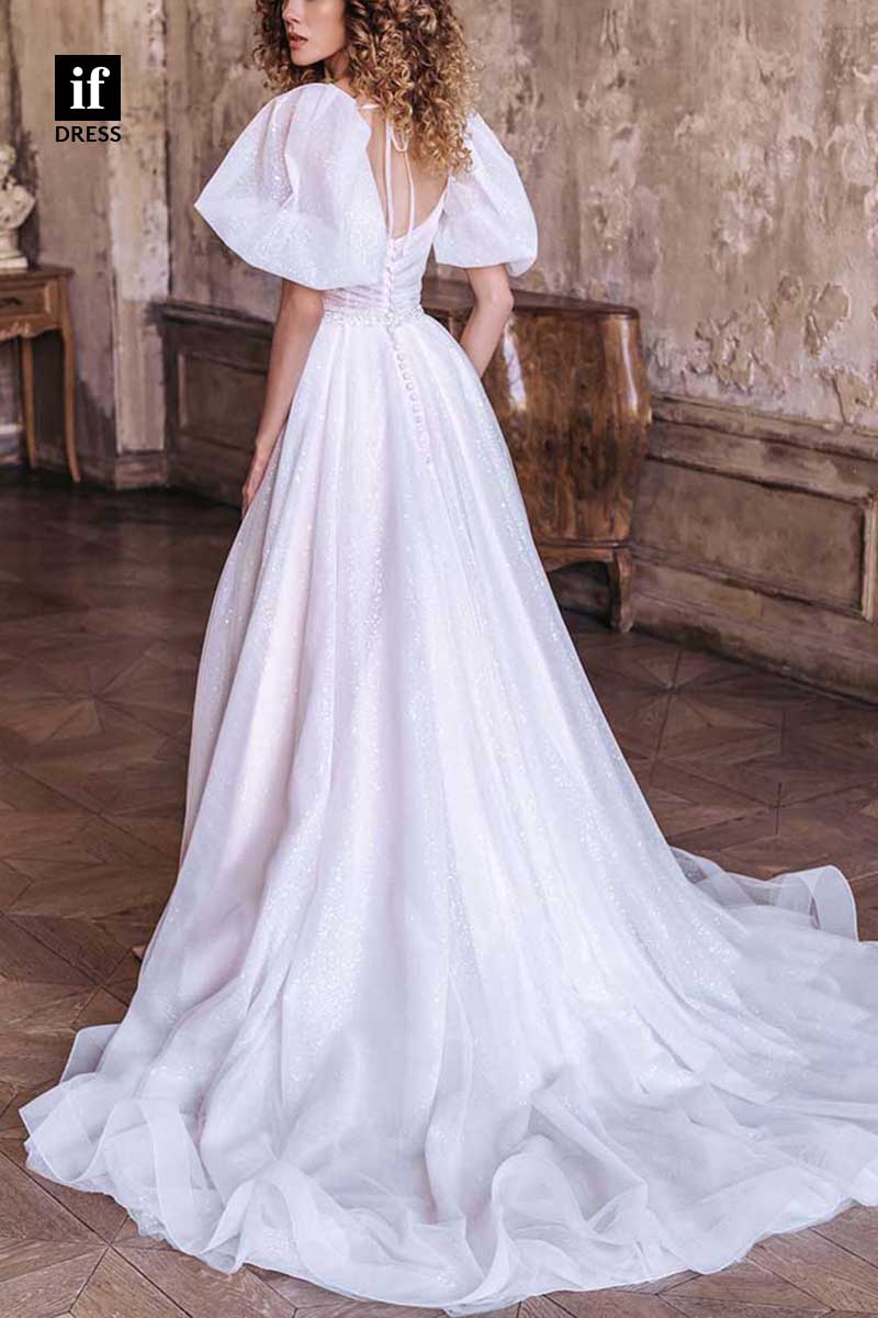71152 - Glitter A-Line Short Belt Sleeves Side Slit Beach Wedding Dress