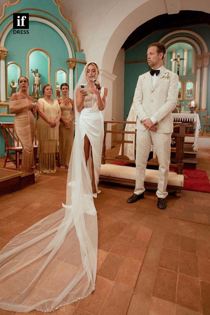 71156 - Unique One Shoulder Pleats Beads Beach Wedding Gown With Slit