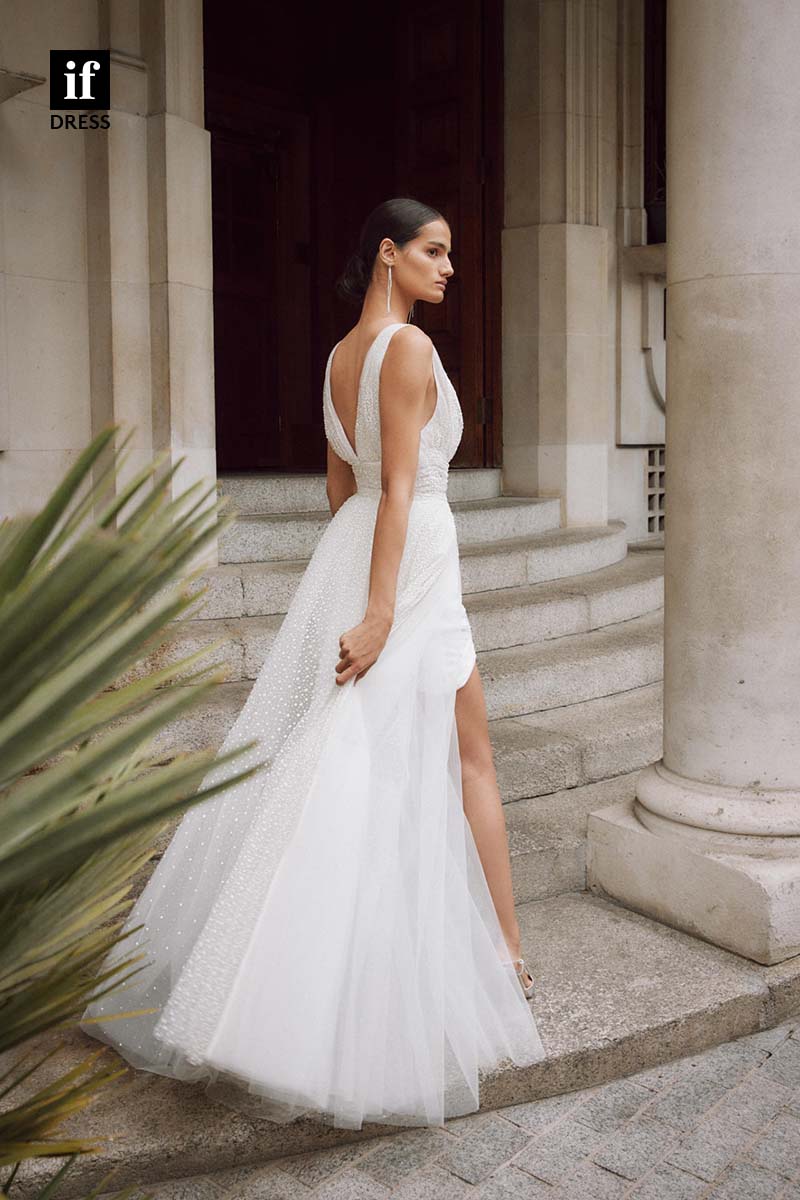 71157 - Unique Plunging V-Neck Detachable Train Beach Wedding Dress